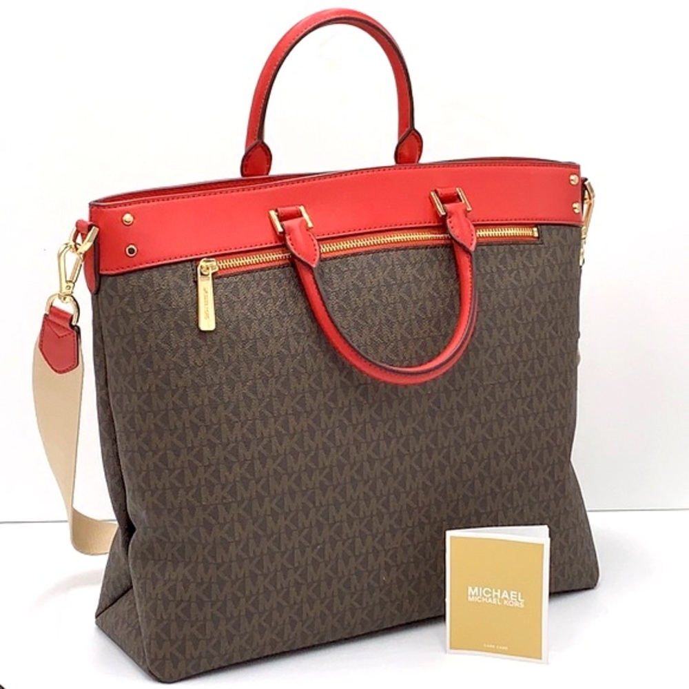 Michael Kors Travel Large Top Zip North South Tote Bag Flame/Brown signa… - Picture 1 of 16